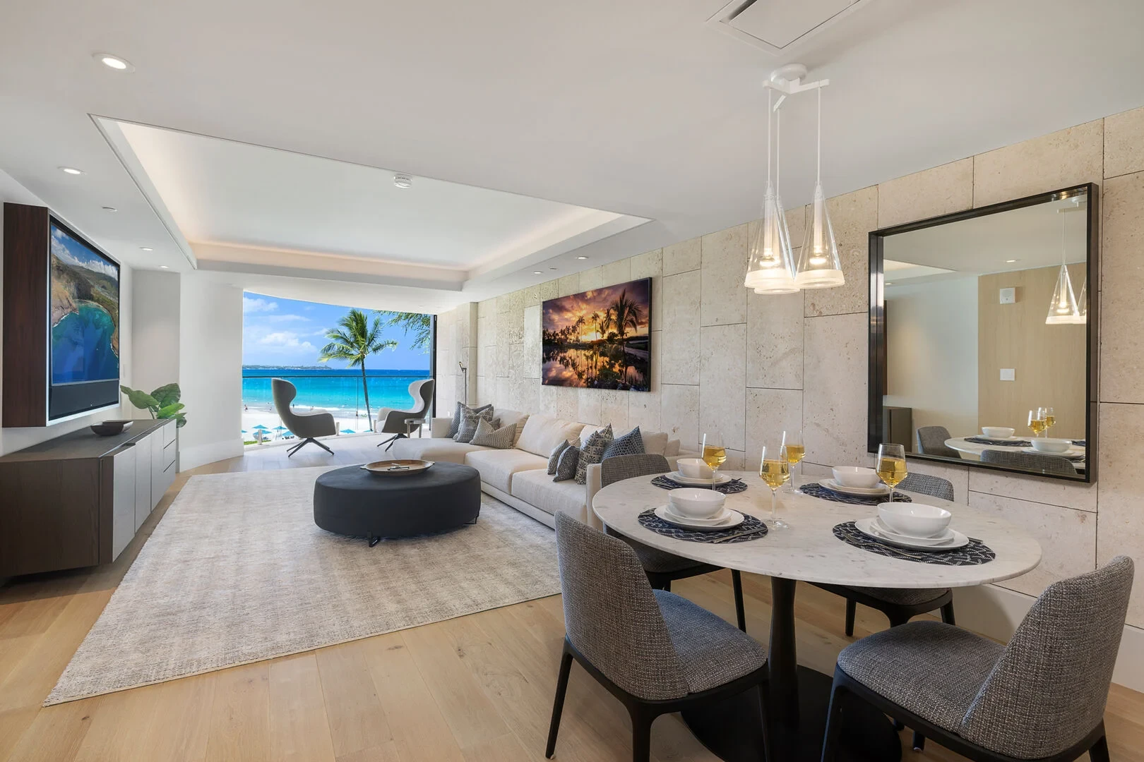 Dining and living room with beach view